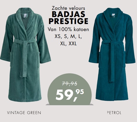 Badjas Prestig Uni velours, badstof, groen, dark green, petrol blauw aanbieding vanDyck